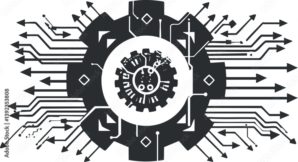Poster abstract digital illustration featuring gears and arrows symbolizing cybersecurity and technology co