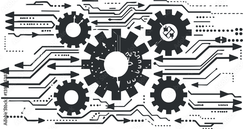 Poster abstract illustration of interconnected gears and circuitry representing technology and innovation.