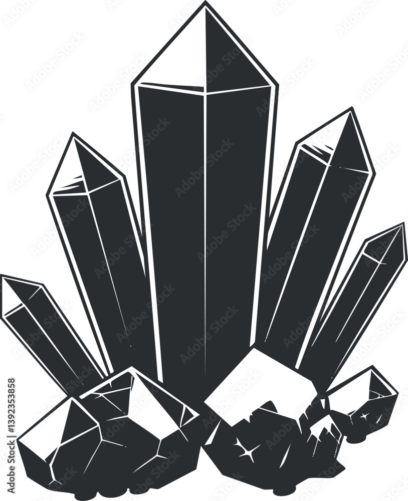 Poster abstract black and white silhouette of a geometric crystal cluster with sharp angles.