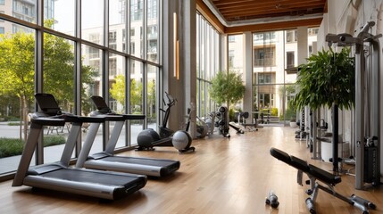 Modern gym with treadmills, weights, and city view
