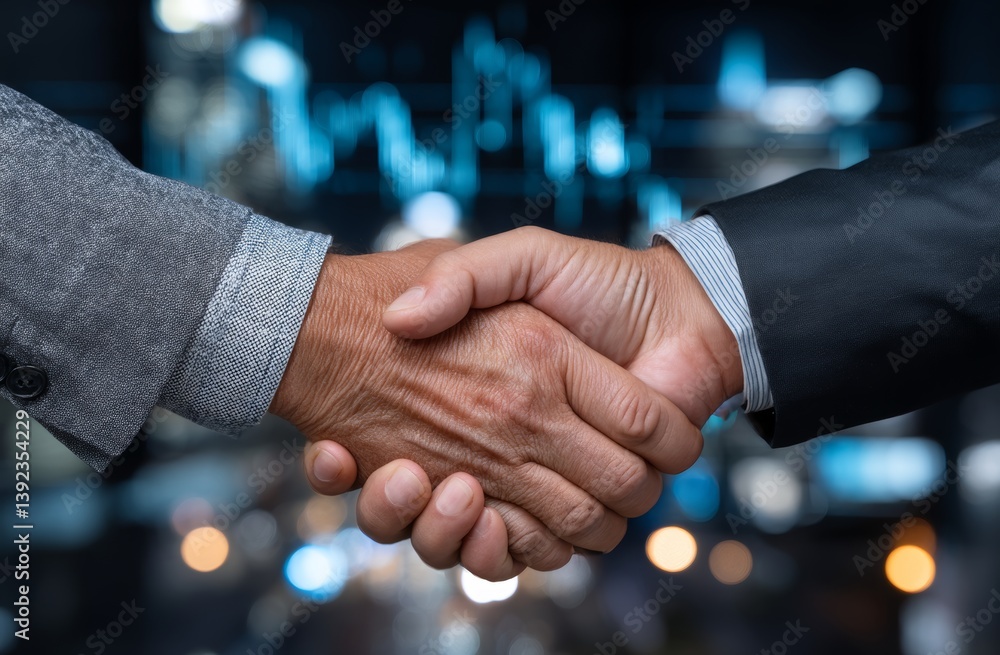 Poster a businessman is shaking hands with a global network link and graph chart stock market graphic diagr