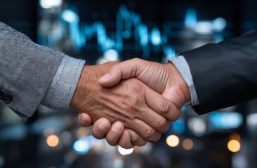 A businessman is shaking hands with a global network link and graph chart stock market graphic diagram set against a bokeh light background, symbolizing digital technology, internet connection,