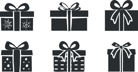 Set of six black and white gift boxes with bows and ribbons in silhouette style.