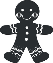 Black and white illustration of a smiling gingerbread man with icing decoration.