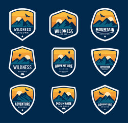 Mountain travel emblems logo vector. Camping outdoor adventure emblems, badges and logo patches. Vintage Outdoor camp and Mountain Logo Badges.