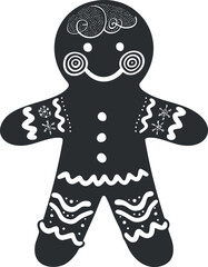 Black and white illustration of a decorated gingerbread cookie with festive icing details.