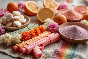 Fototapeta premium Celebrating Holi with Joy and Color Using a Pink Toy Gun for Fun and Laughter