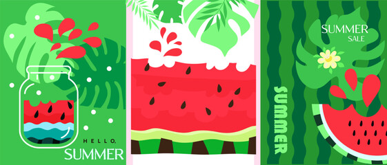 Summer time, Hello, summer -set cards in cartoon style concept design, modern abstract background