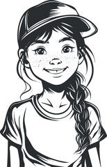 Black and white illustration of a smiling girl with a cap and braid, showcasing youthful style.