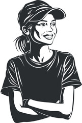 Black and white illustration of a smiling woman wearing a cap and t-shirt.