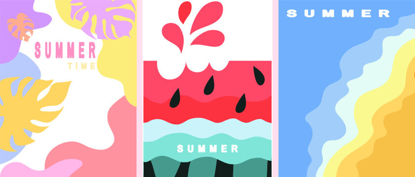 Summer time, Hello, summer -set cards in cartoon style concept design, modern abstract background - Powered by Adobe