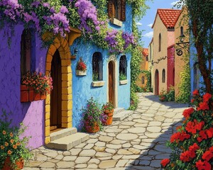 Fototapeta premium Charming Streetscape: A Colorful Sidewalk View with Vibrant Facades and Blooming Flowers in a Quaint Town