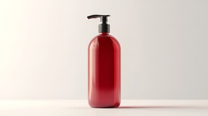 Red shampoo bottle with pump dispenser elegant design, isolated on transparent background
