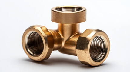 Compression Joint. Brass water-pipe isolated on white background. 3d illustration.