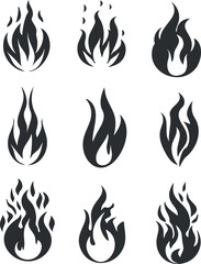 Set of nine black flame icons on a white background, representing various fire designs.
