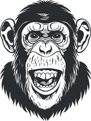 Black and white illustration of a chimpanzee face with a wide smile and detailed features.