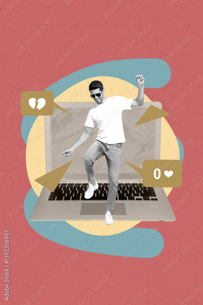 Poster poster pop collage of person stand big netbook screen with dislike on red background