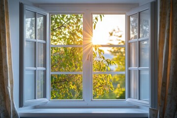 Bright Window with White PVC Frame. Open for Fresh Air in a Cozy Home Environment
