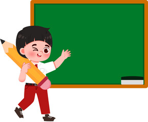 Smiling schoolboy with giant pencil beside blank chalkboard