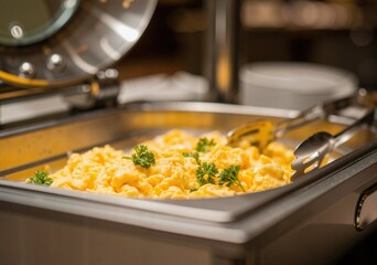 Warm scrambled eggs garnished with fresh parsley are served in a chafing dish, ready for guests at a hotel breakfast buffet