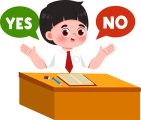 Schoolboy Decision: Yes or No Dilemma, Open Book, Cartoon Illustration