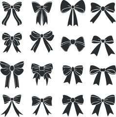 Set of sixteen black silhouette bows in various styles, perfect for decoration and design.