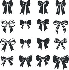 Set of decorative bow silhouettes in black and white, perfect for festive design projects.