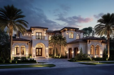 Naklejka premium Beige stone villa with red-tile roof, arched entrance with wall lamps, balconies with black railings, palm trees landscaping, dusk sky ambiance
