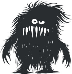 Cartoon illustration of a shaggy, one-eyed monster with sharp teeth in black and white.