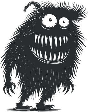 recommend clip art: Black and white cartoon illustration of a furry monster with big eyes and sharp teeth.