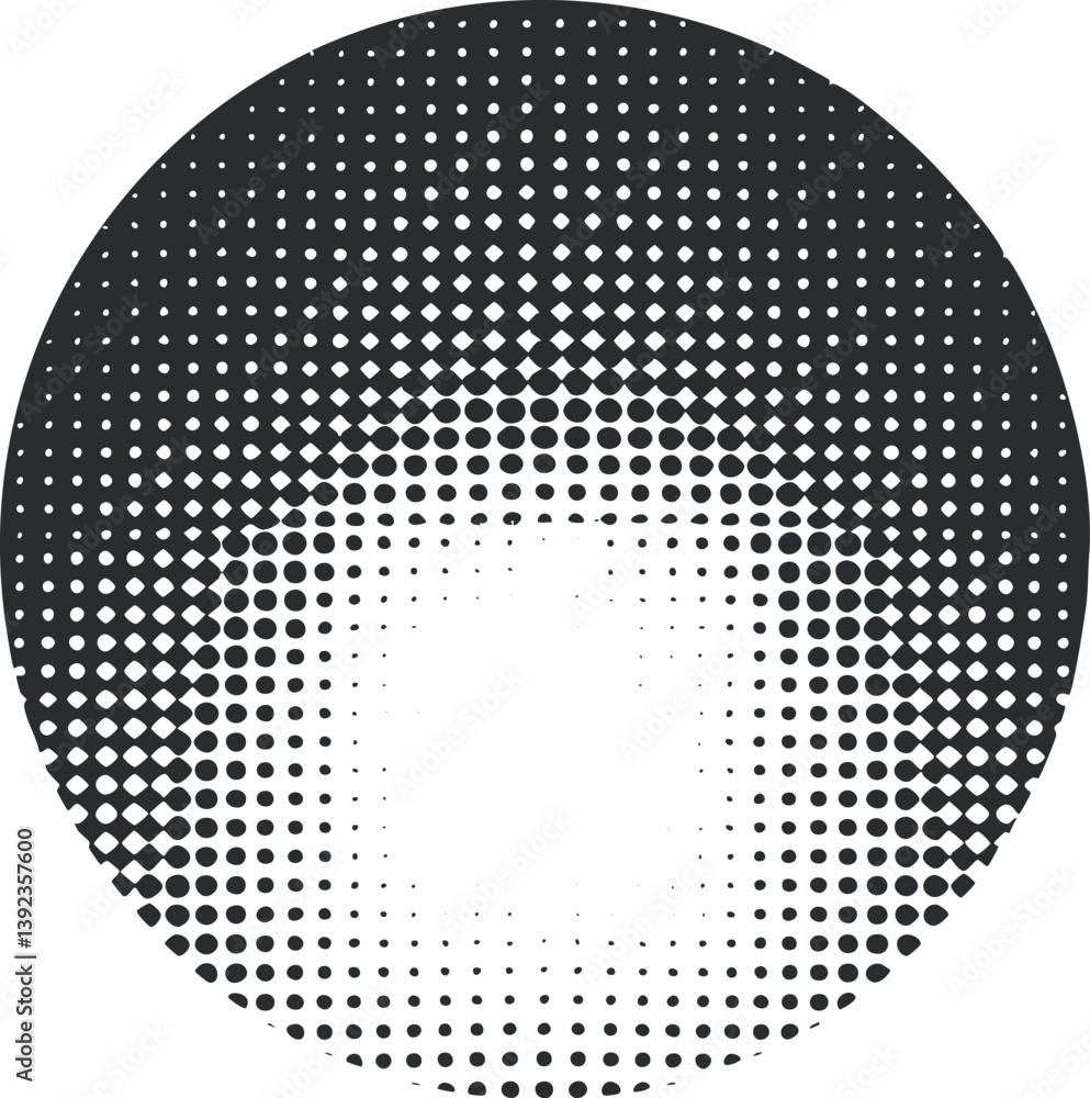 Poster abstract black and white halftone circle pattern with gradient effect and dotted texture.