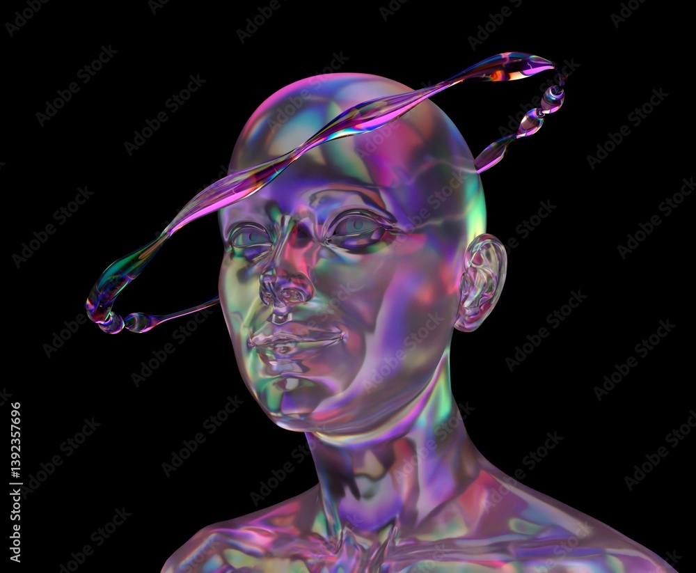 Aufkleber Futuristic 3D illustration of a translucent head with iridescent colors and a fluid, orbiting ring. The design is ethereal and modern, set against a dark background, creating a mesmerizing effect.