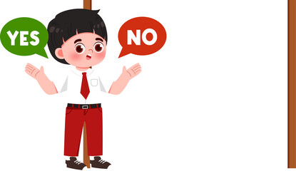Indecisive Boy in Red Pants, Yes/No Dilemma, White Background
