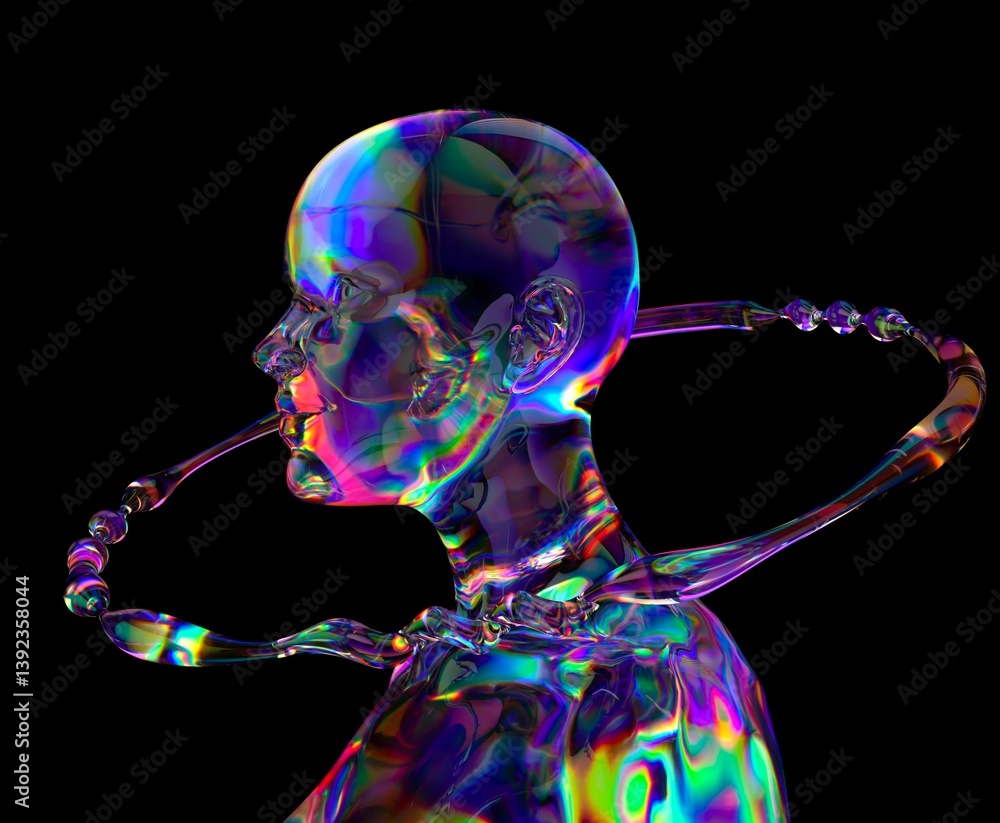 Poster Futuristic 3D illustration featuring a translucent, iridescent head with a fluid, colorful ring orbiting it. The design is set against a dark background, creating an ethereal and captivating effect.