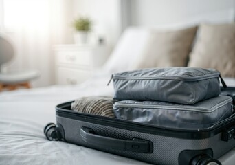 Packing cubes organizing clothes inside suitcase on bed in hotel room, preparing for vacation travel