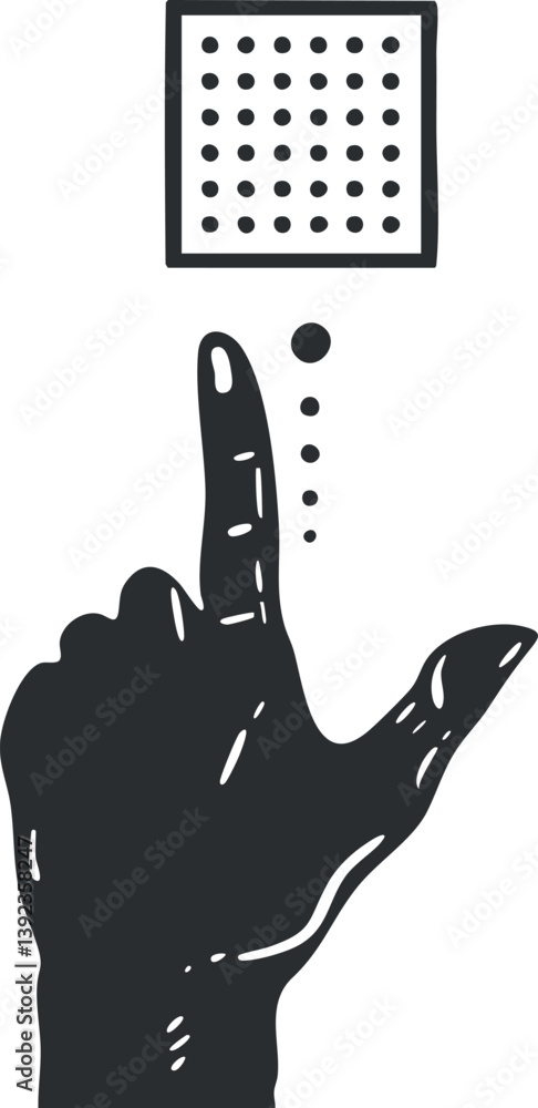Poster illustration of a hand pointing towards a grid, symbolizing interaction or touchscreen technology.