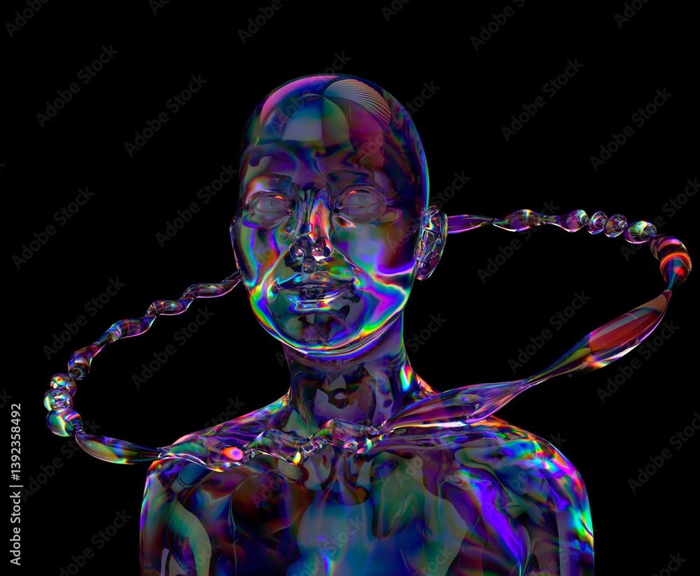 Poster Futuristic 3D illustration featuring a translucent, iridescent head with a fluid, colorful ring orbiting it. The design is set against a dark background, creating an ethereal and captivating effect.