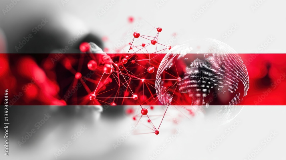 Poster abstract red and white artwork features a network of spheres and a glowing globe, suggesting global 