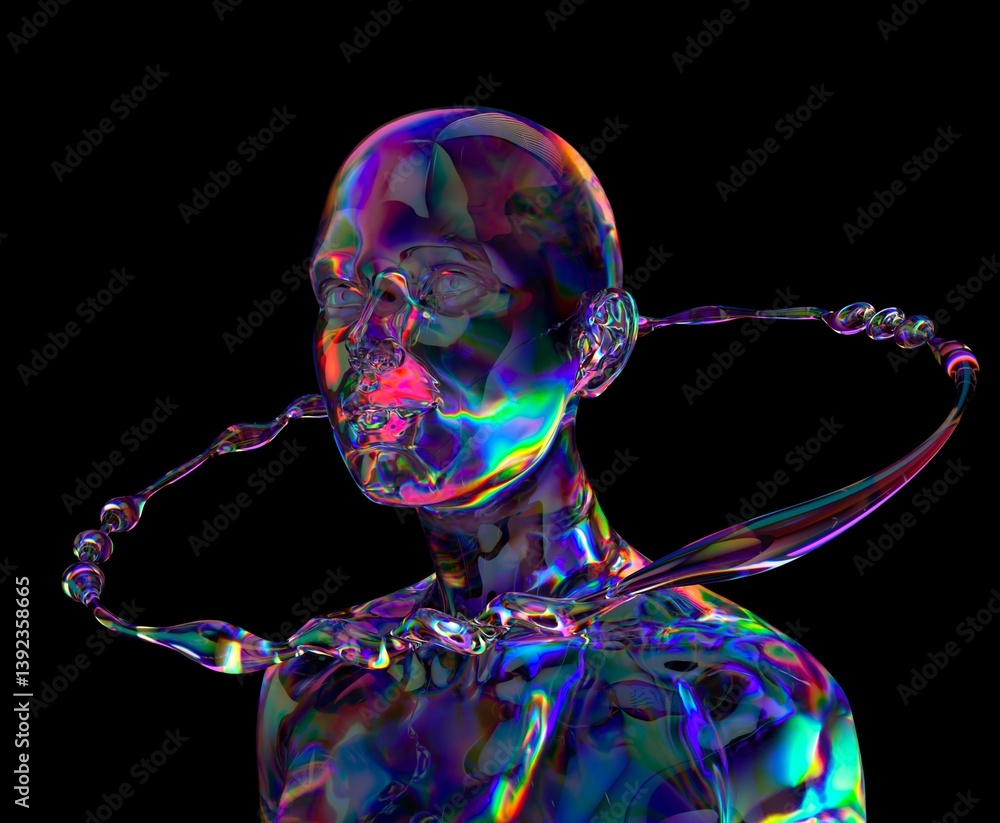 Poster Futuristic 3D illustration featuring a translucent, iridescent head with a fluid, colorful ring orbiting it. The design is set against a dark background, creating an ethereal and captivating effect.