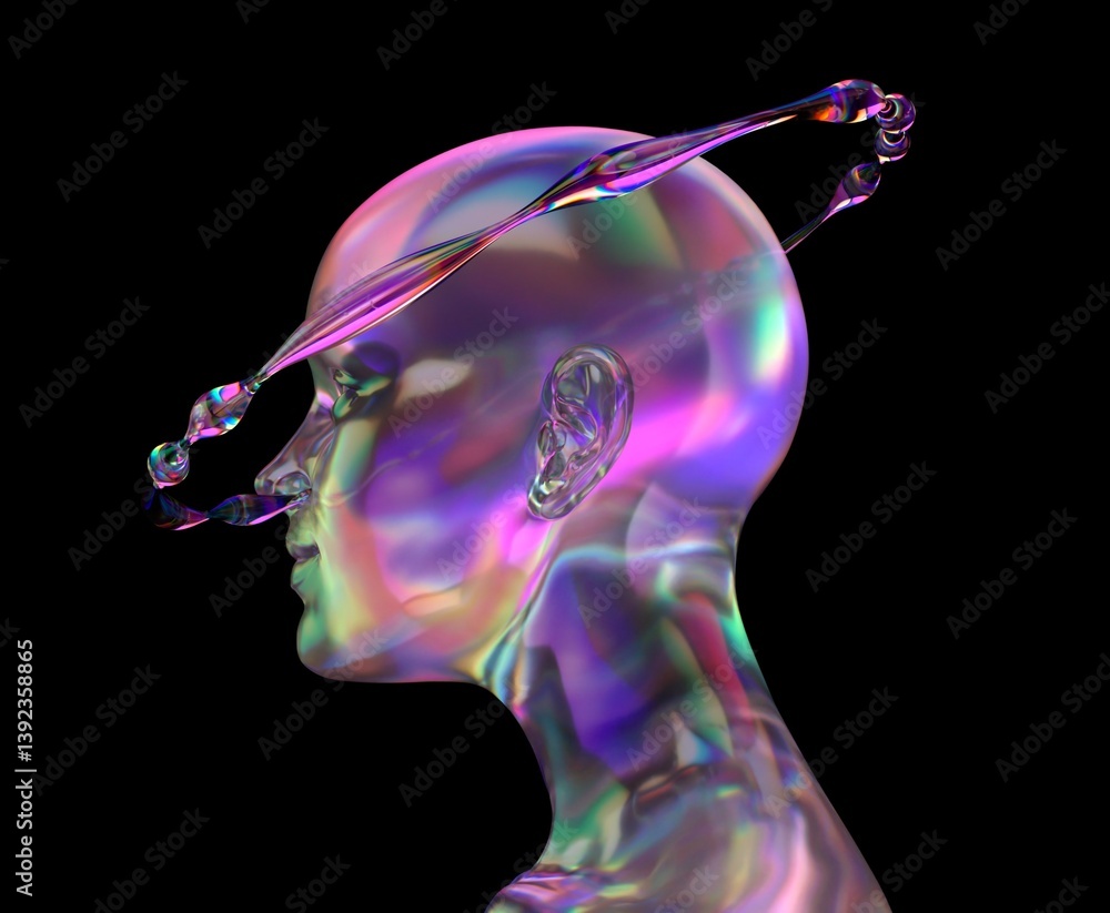 Aufkleber Futuristic 3D illustration of a translucent head with iridescent colors and a fluid, orbiting ring. The design is ethereal and modern, set against a dark background, creating a mesmerizing effect.