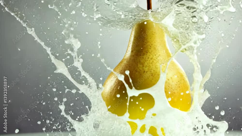 Poster fresh pear being splashed with liquid, creating a dynamic and refreshing scene for healthy eating or