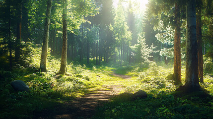 Sunlit Forest Path Surrounded by Greenery and Tall Trees