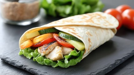 Delicious Chicken Wrap with Fresh Vegetables on Dark Stone Plate Close-up