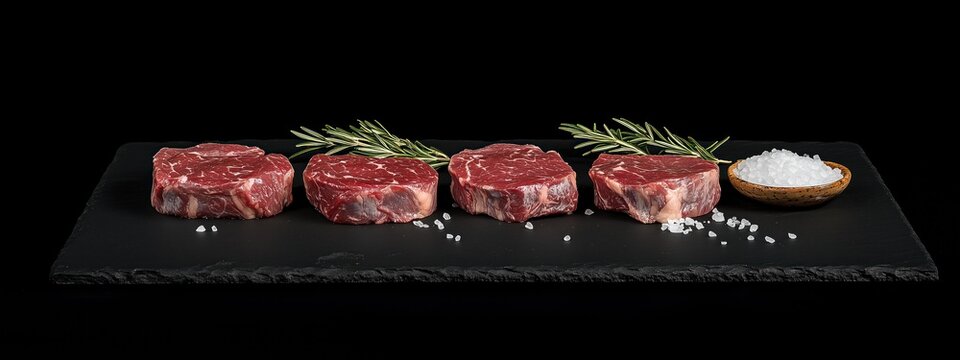 Des morceaux de viande de b&oelig;uf sur une ardoise noire, garniture de romarin et de sel, sur fond sombre, concept culinaire commercial, image avec espace pour texte.