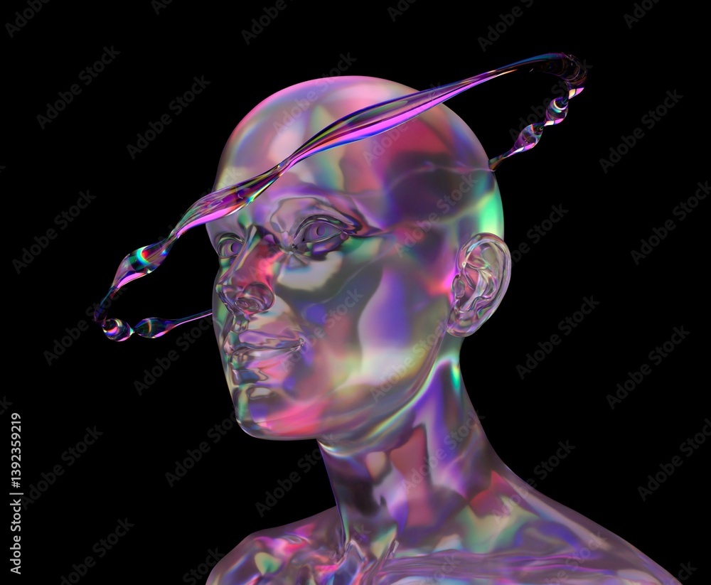 Aufkleber Futuristic 3D illustration of a translucent head with iridescent colors and a fluid, orbiting ring. The design is ethereal and modern, set against a dark background, creating a mesmerizing effect.
