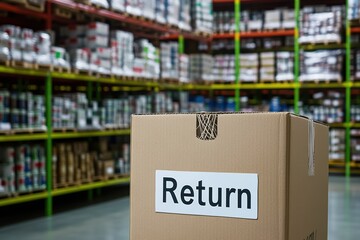 Cardboard return box in a warehouse ready for processing returned items and inventory management
