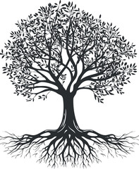 Black and white tree silhouette with detailed branches and roots, showcasing nature's elegance.