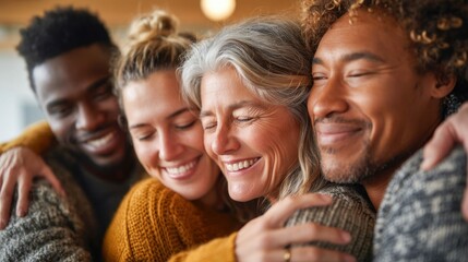 A diverse group of smiling people embrace warmly, conveying feelings of love and connection, fostering a sense of togetherness and happiness.