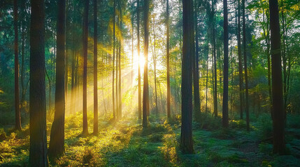 Obraz premium Golden Sunlight Streaming Through a Serene Forest. Peaceful Nature Landscape