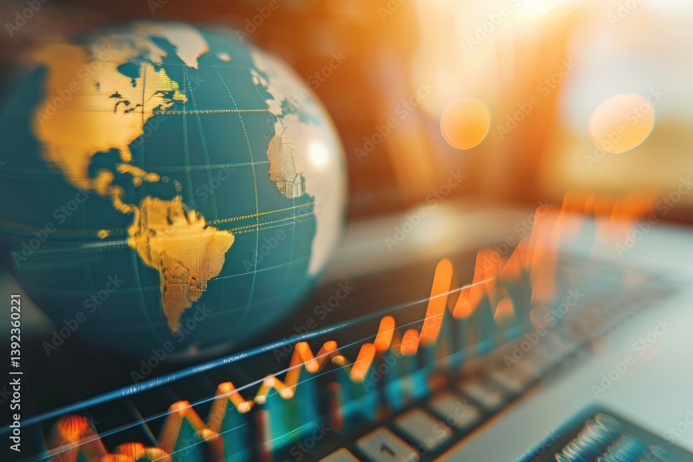 Poster globe and financial data visualization on a digital screen.